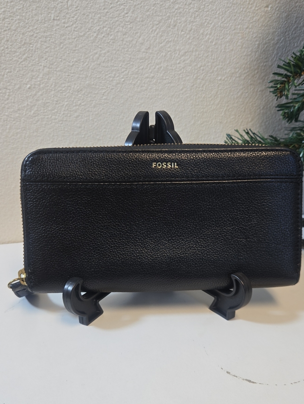 Fossil Black Leather Zip-Around Wallet with Gold Logo